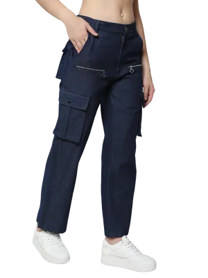 Women's 8 Pocket Denim Cargo Pants (Blue)