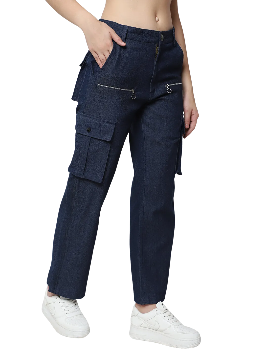 Women's 8 Pocket Denim Cargo Pants (Blue)
