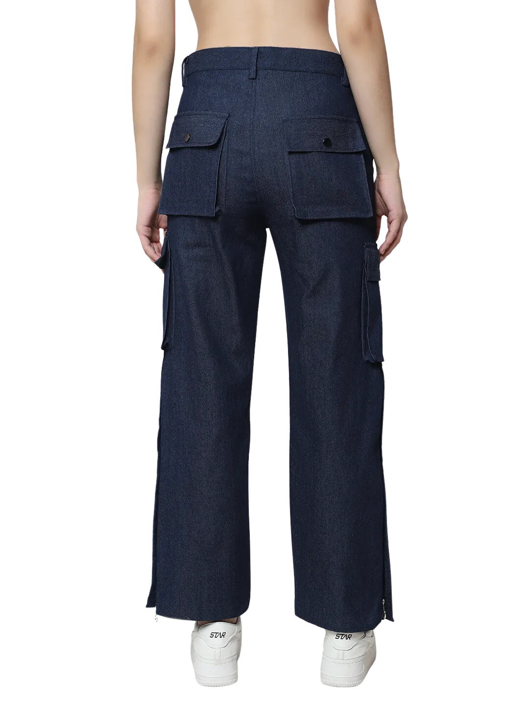 Women's 8 Pocket Denim Cargo Pants (Blue)