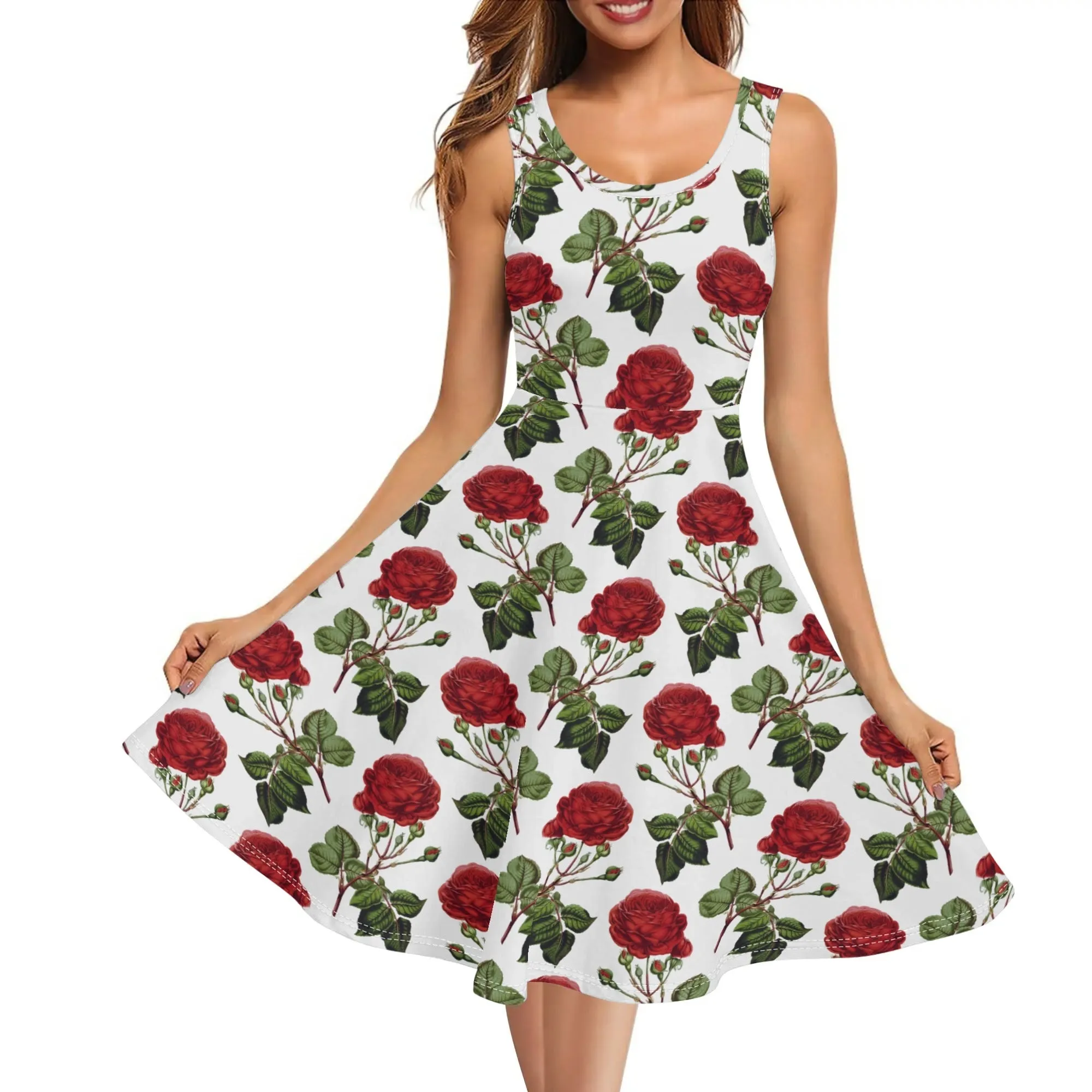 Women's Floral Pattern Tank Dress Mini Wrap Round Neck Sleeveless Sundress