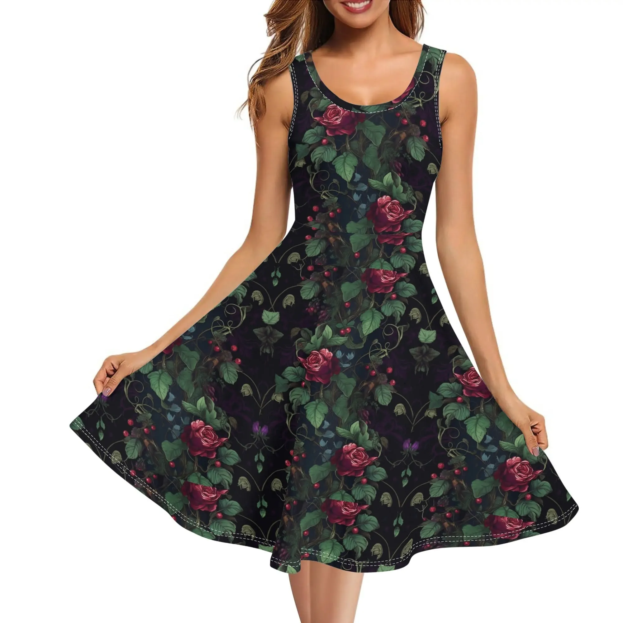 Women's Floral Pattern Tank Dress Mini Wrap Round Neck Sleeveless Sundress