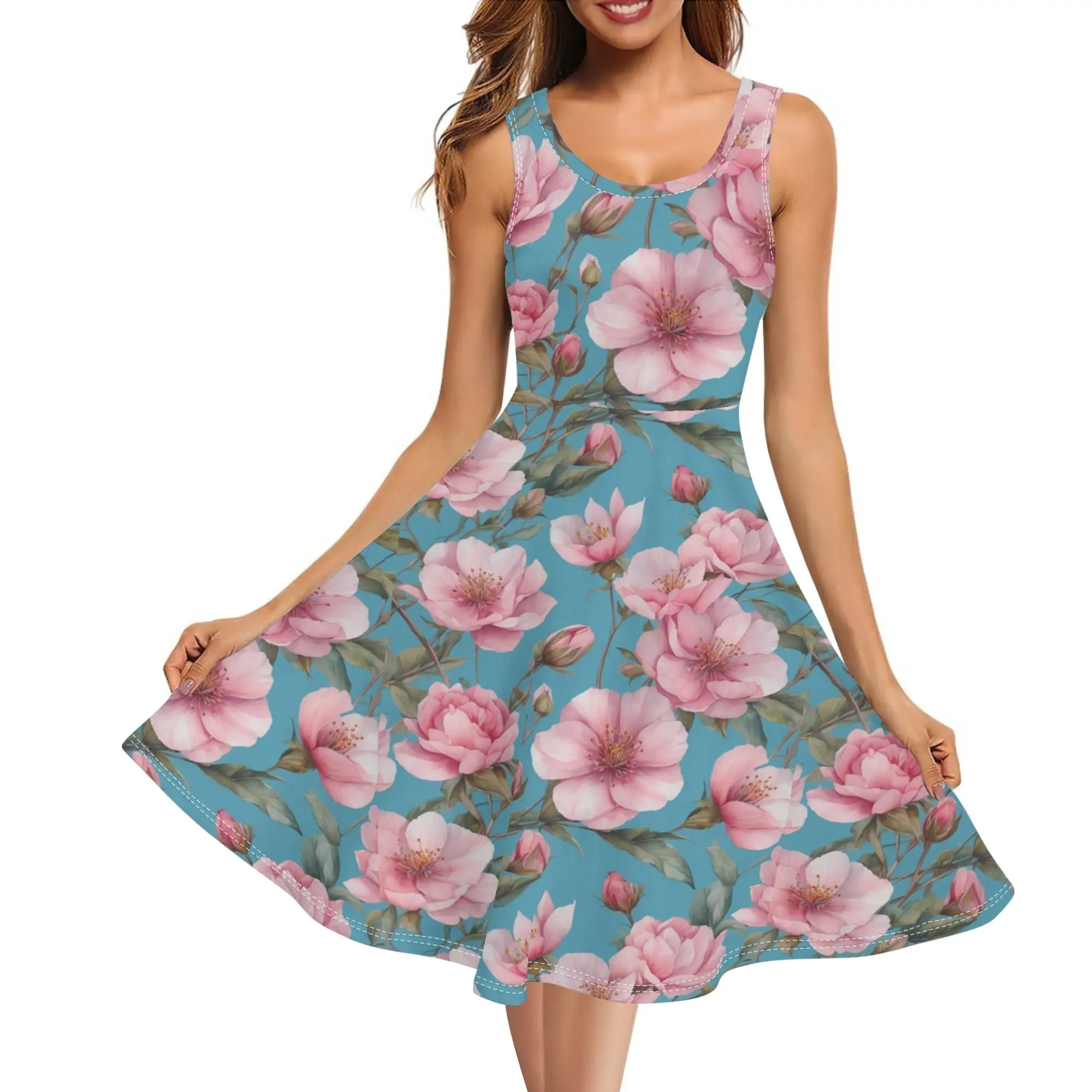 Women's Floral Pattern Tank Dress Mini Wrap Round Neck Sleeveless Sundress