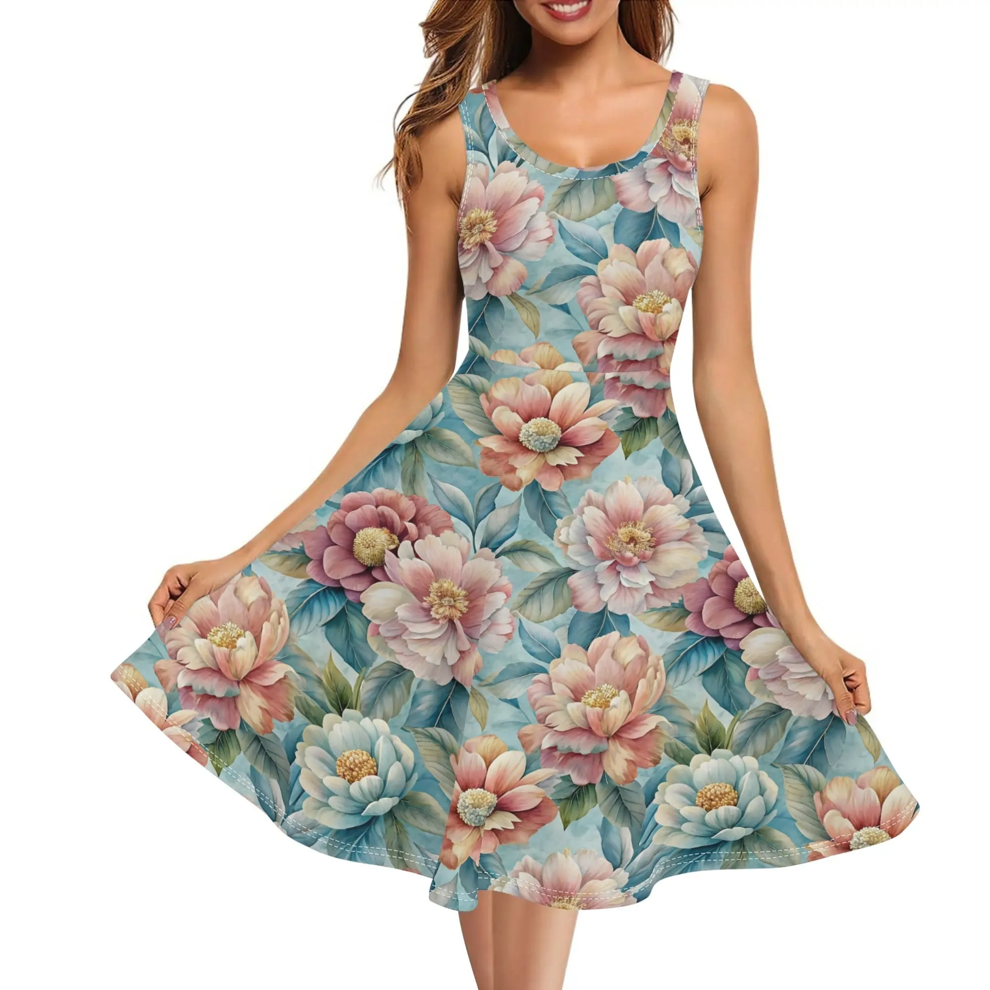 Women's Floral Pattern Tank Dress Mini Wrap Round Neck Sleeveless Sundress
