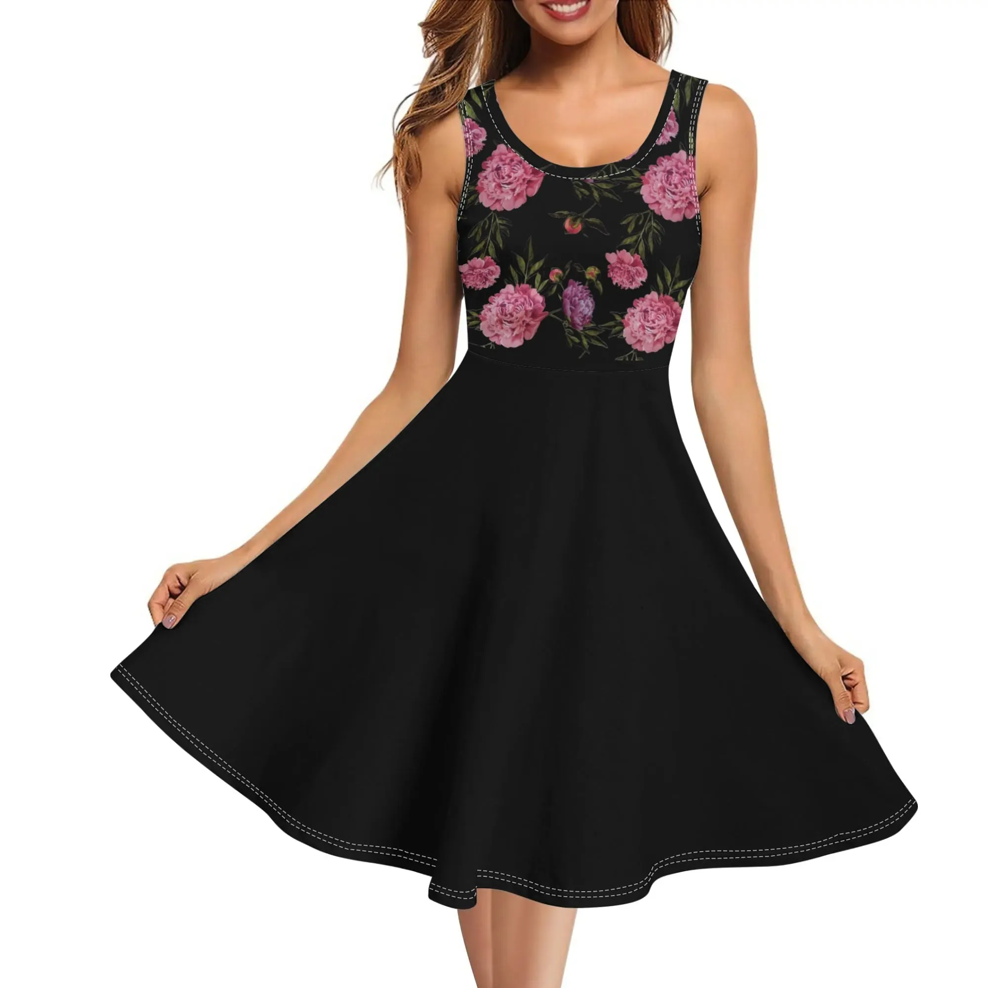 Women's Floral Pattern Tank Dress Mini Wrap Round Neck Sleeveless Sundress