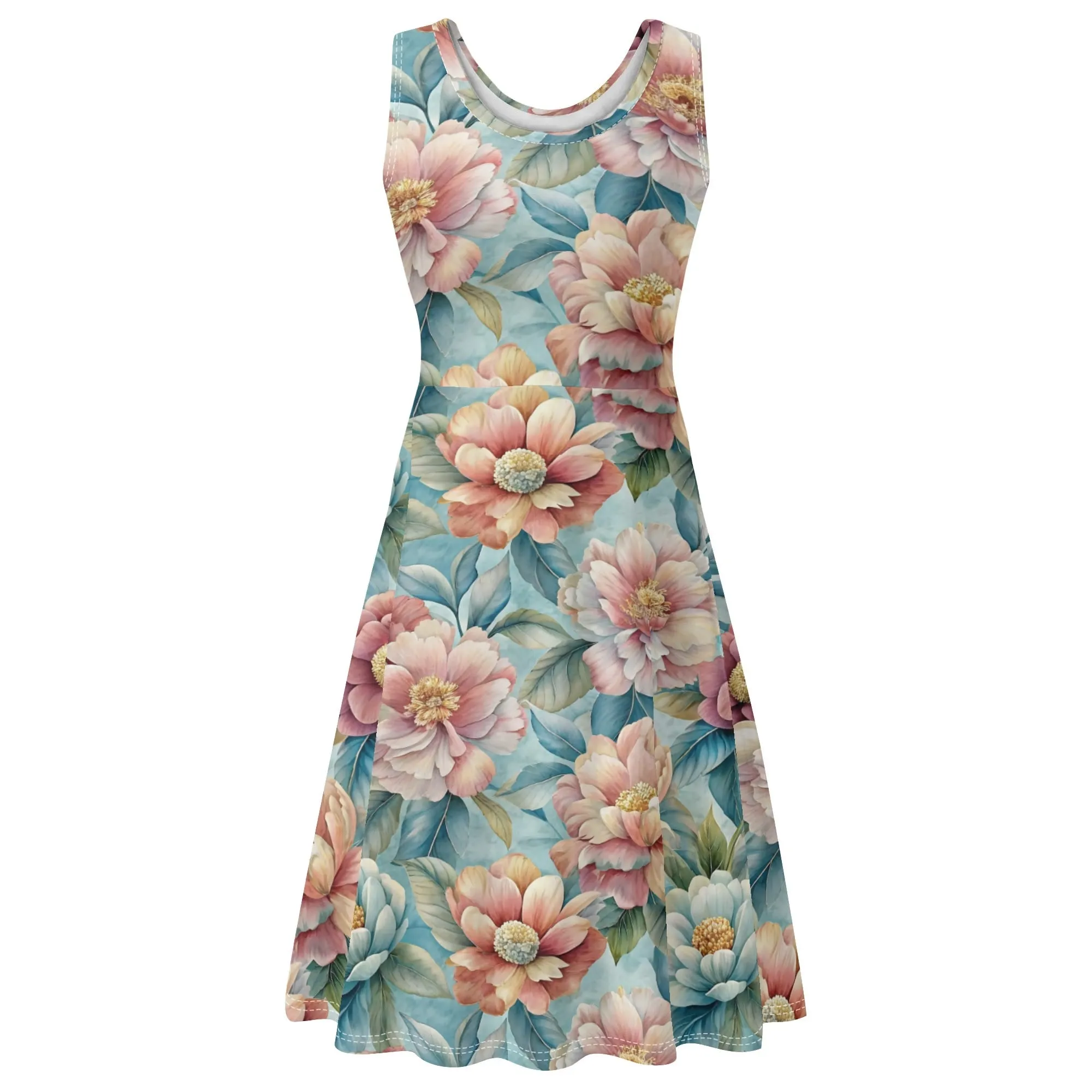 Women's Floral Pattern Tank Dress Mini Wrap Round Neck Sleeveless Sundress
