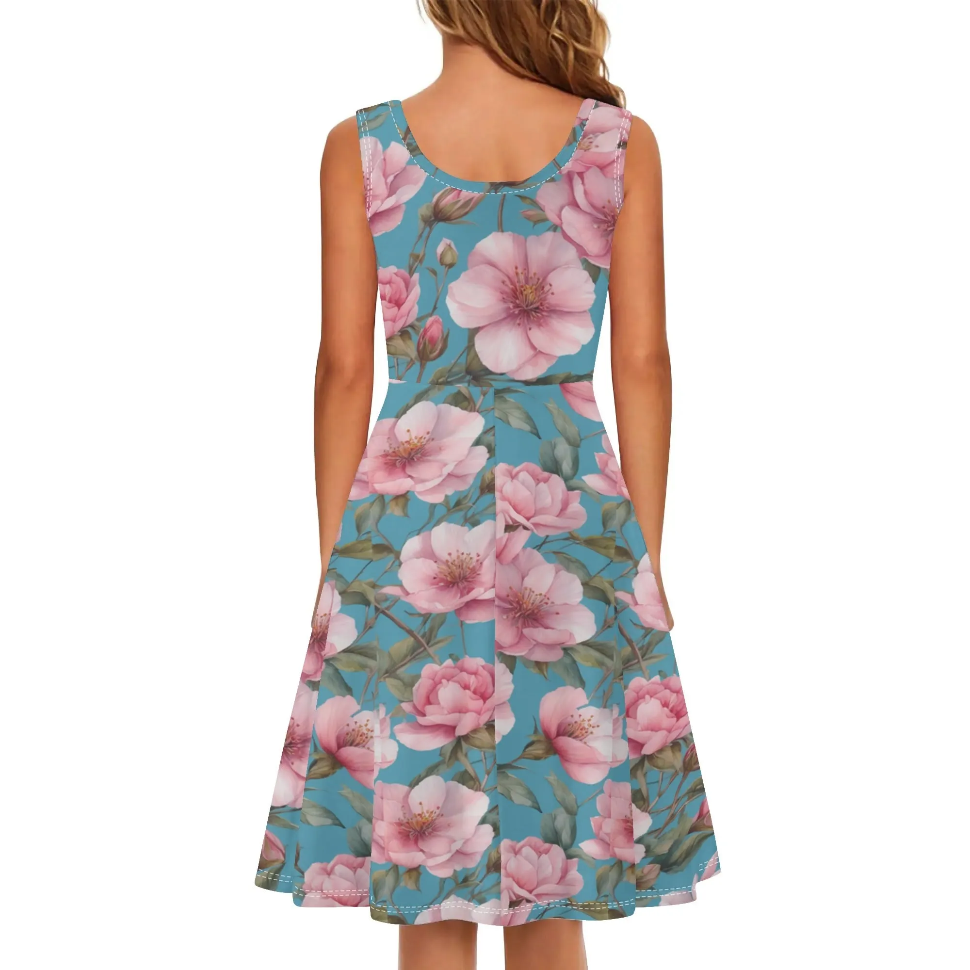 Women's Floral Pattern Tank Dress Mini Wrap Round Neck Sleeveless Sundress