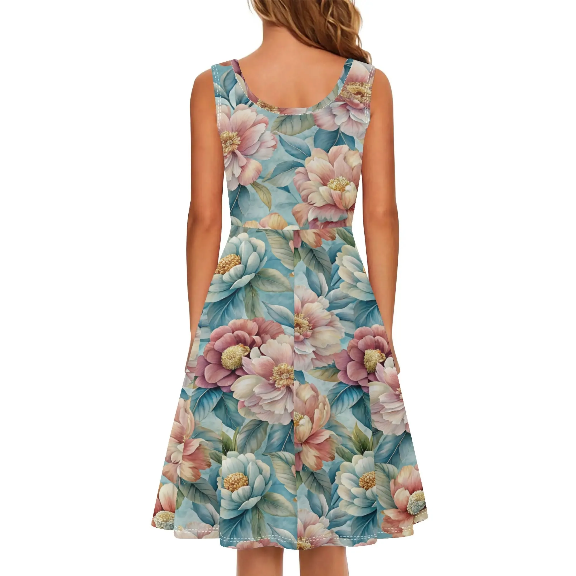 Women's Floral Pattern Tank Dress Mini Wrap Round Neck Sleeveless Sundress