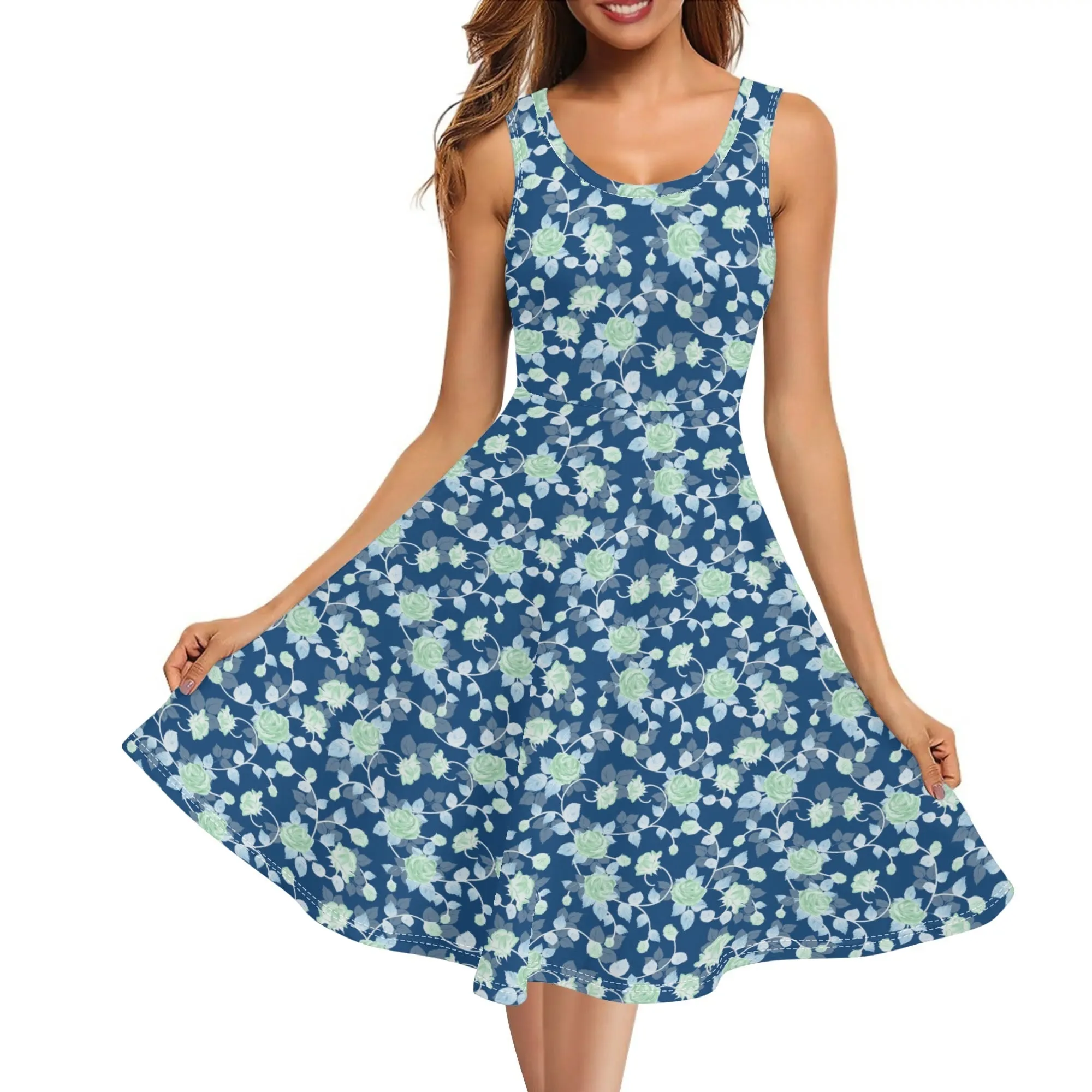 Women's Floral Pattern Tank Dress Mini Wrap Round Neck Sleeveless Sundress