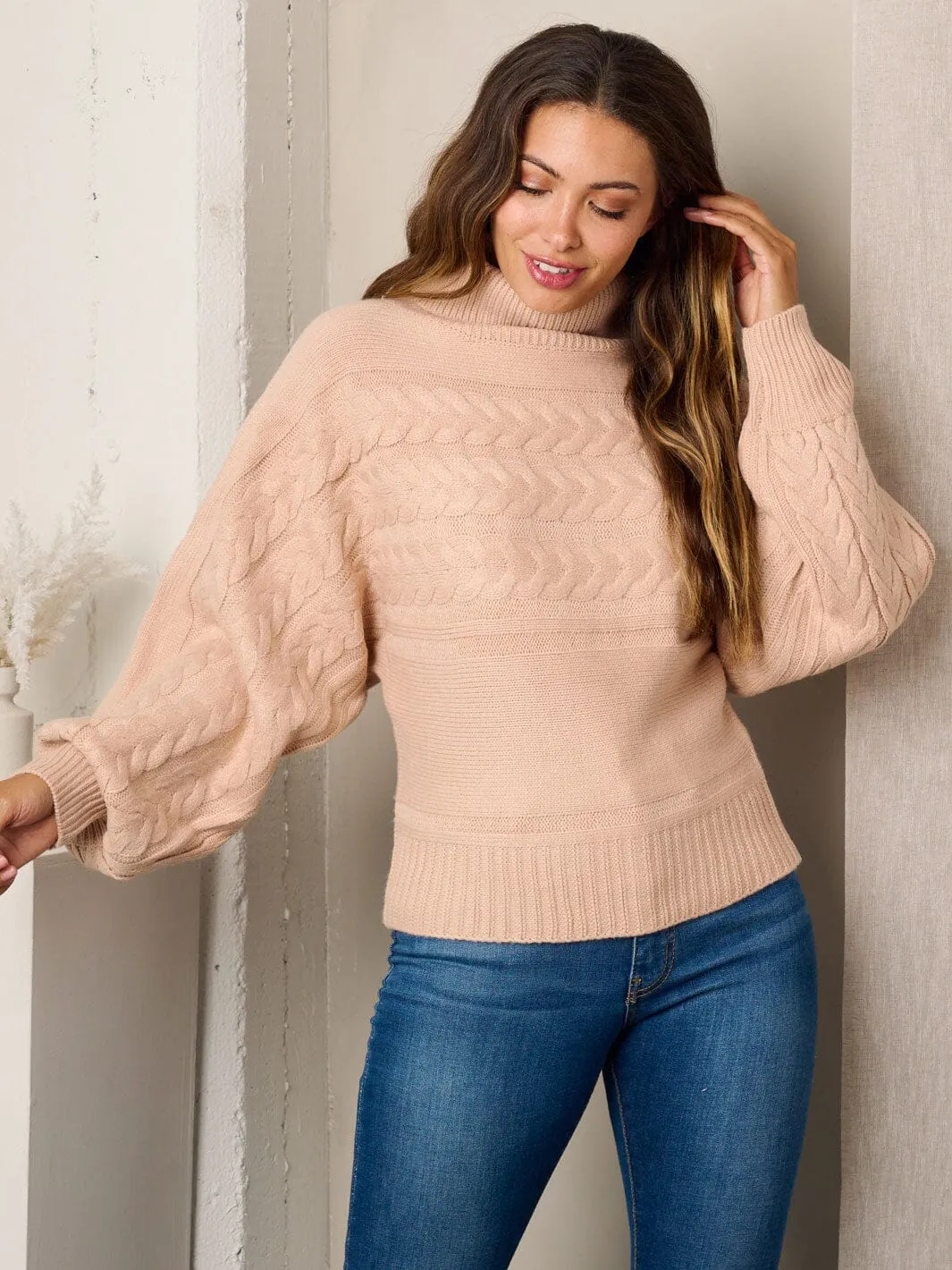 WOMEN'S LONG BALLONG SLEEVE TURTLE NECK KNIT SWEATER