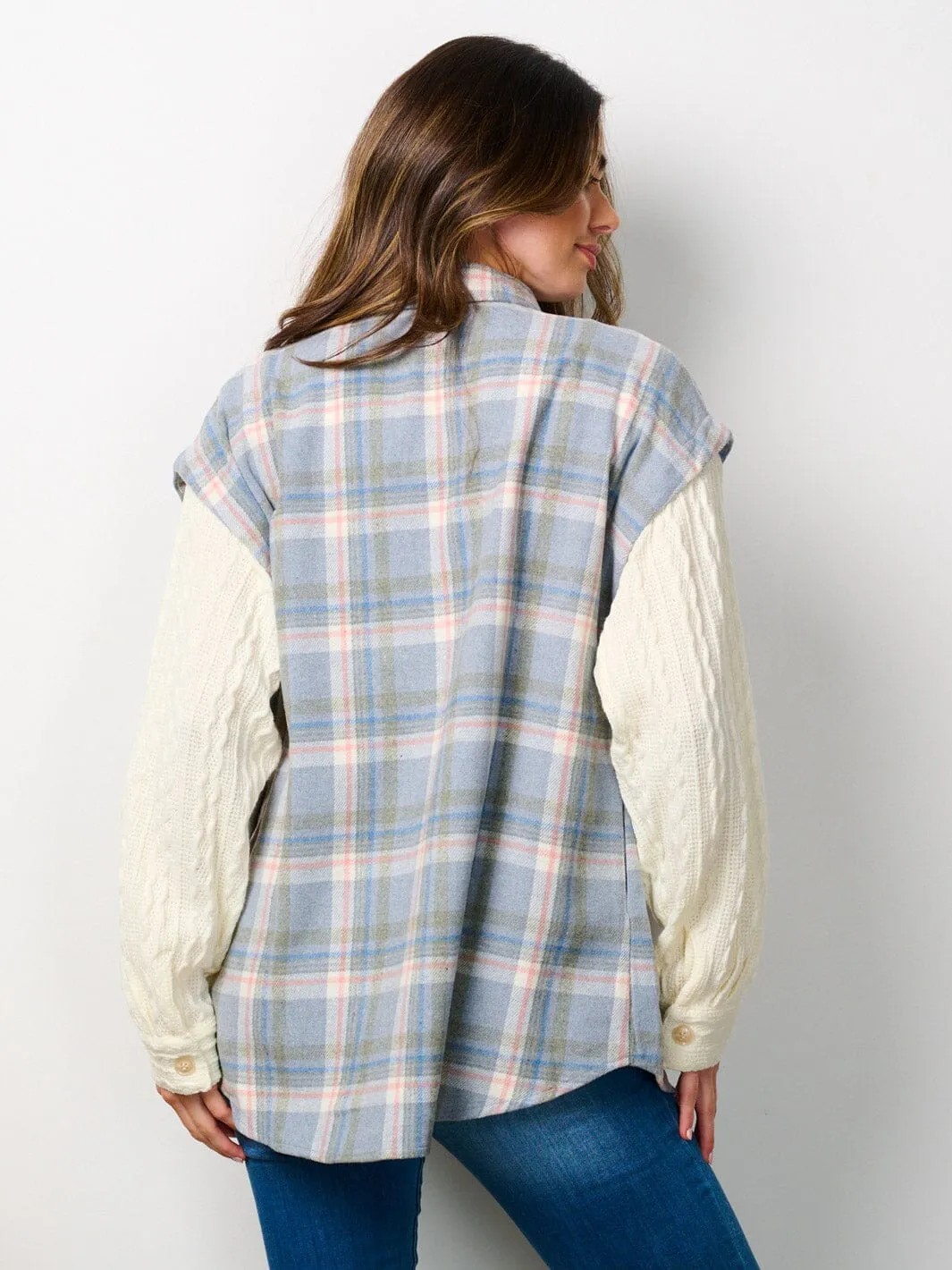 WOMEN'S LONG SLEEVE COLORBLOCK BUTTON UP PLAID JACKET