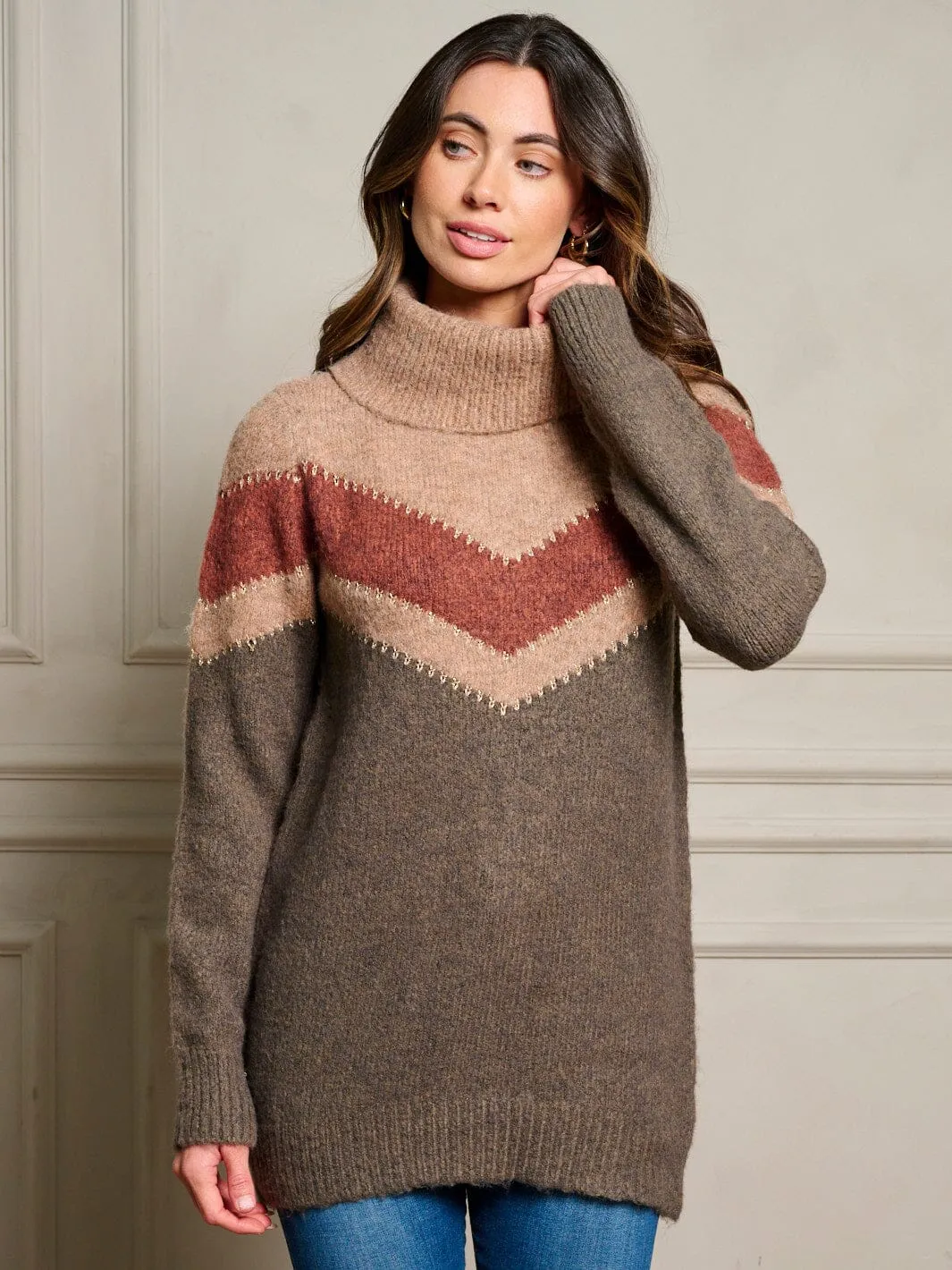 WOMEN'S LONG SLEEVE COLORBLOCK TURTLE NECK PULLOVER SWEATER