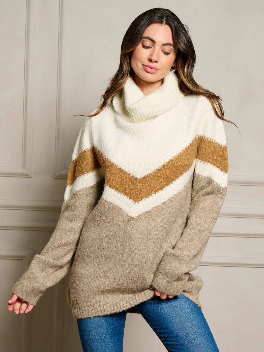WOMEN'S LONG SLEEVE COLORBLOCK TURTLE NECK PULLOVER SWEATER