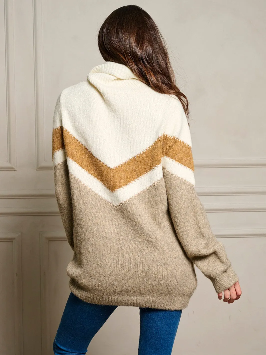 WOMEN'S LONG SLEEVE COLORBLOCK TURTLE NECK PULLOVER SWEATER