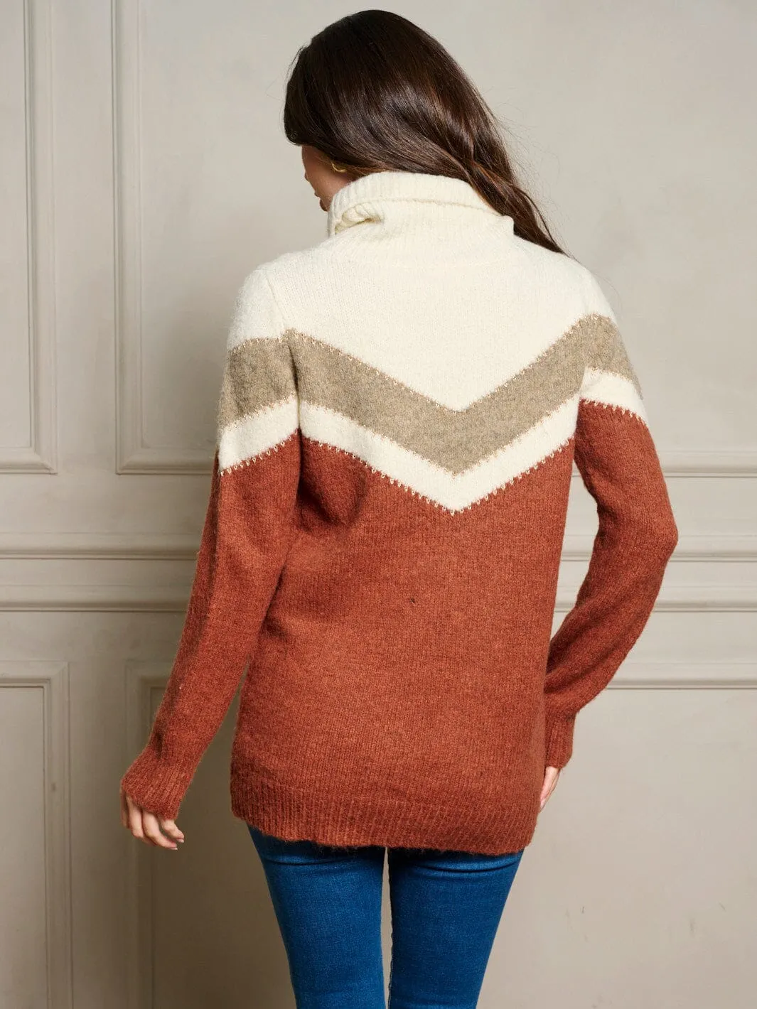WOMEN'S LONG SLEEVE COLORBLOCK TURTLE NECK PULLOVER SWEATER
