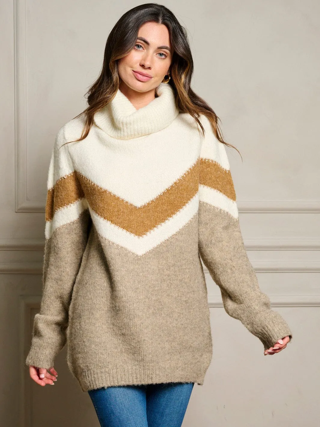 WOMEN'S LONG SLEEVE COLORBLOCK TURTLE NECK PULLOVER SWEATER