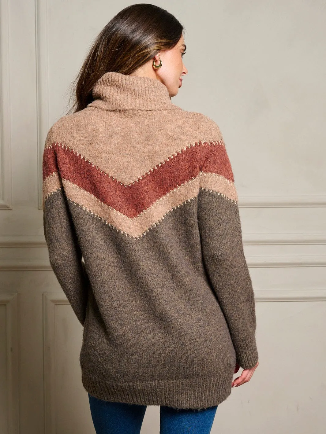 WOMEN'S LONG SLEEVE COLORBLOCK TURTLE NECK PULLOVER SWEATER