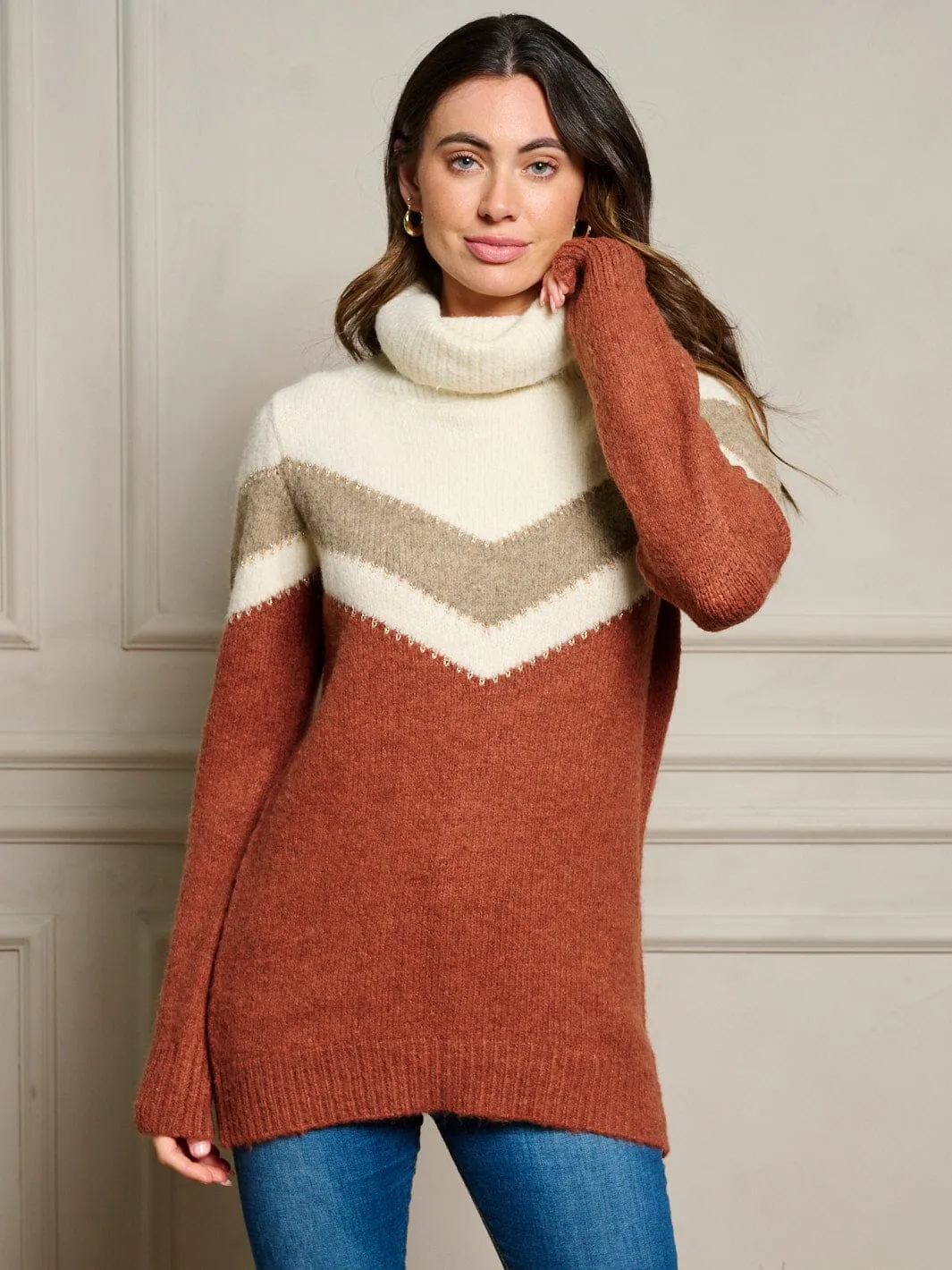 WOMEN'S LONG SLEEVE COLORBLOCK TURTLE NECK PULLOVER SWEATER