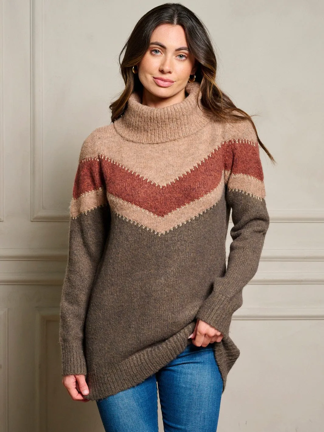 WOMEN'S LONG SLEEVE COLORBLOCK TURTLE NECK PULLOVER SWEATER