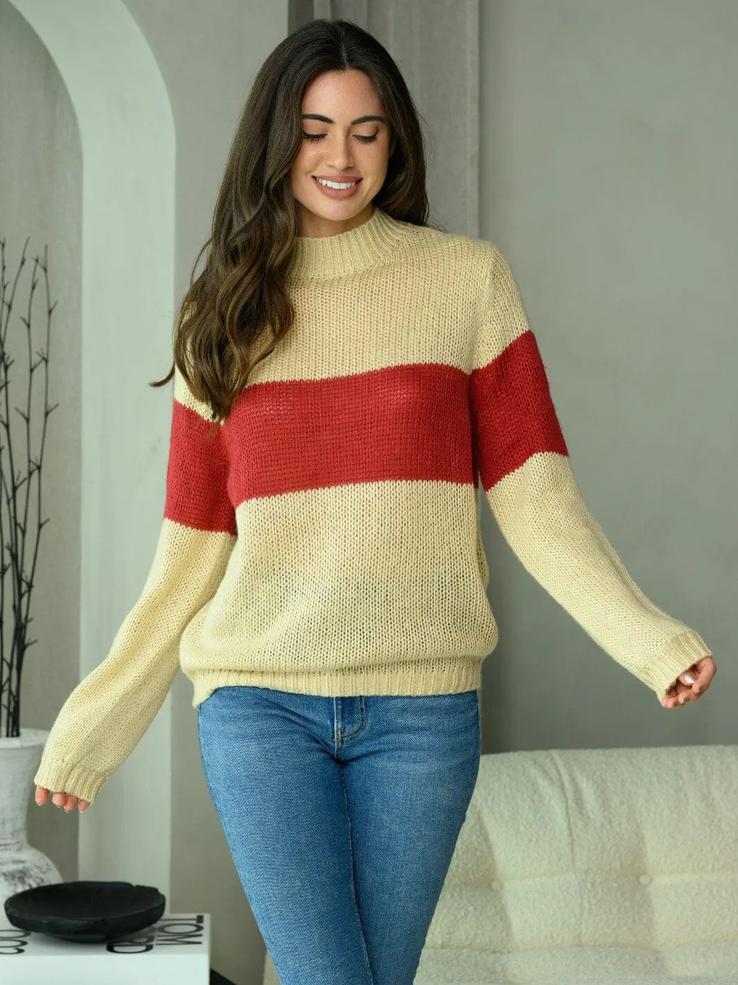 WOMEN'S LONG SLEEVE COWL NECK COLOR BLOCK SWEATER