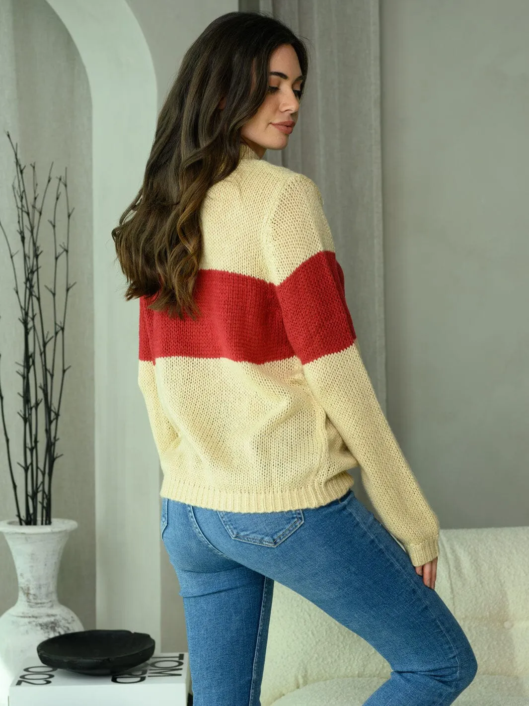 WOMEN'S LONG SLEEVE COWL NECK COLOR BLOCK SWEATER