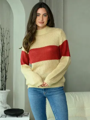 WOMEN'S LONG SLEEVE COWL NECK COLOR BLOCK SWEATER