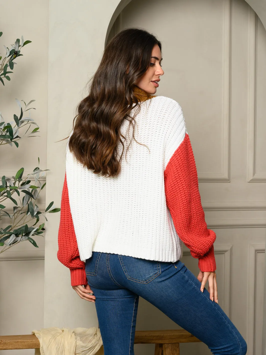 WOMENS LONG SLEEVE TURTLE NECK COLORBLOCK SWEATER