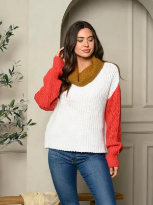 WOMENS LONG SLEEVE TURTLE NECK COLORBLOCK SWEATER