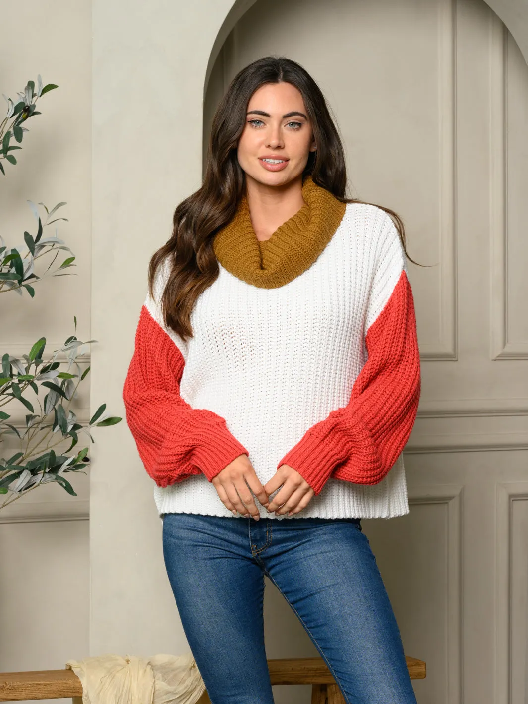 WOMENS LONG SLEEVE TURTLE NECK COLORBLOCK SWEATER
