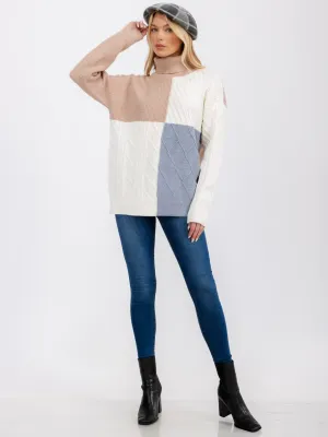 WOMEN'S LONG SLEEVE TURTLE NECK DETAILED COLORBLOCK PULLOVER SWEATER