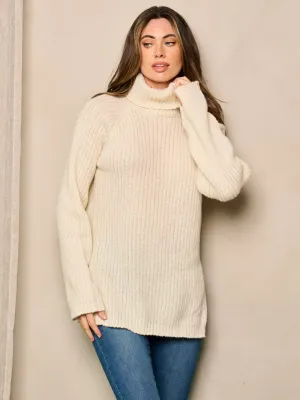 WOMEN'S LONG SLEEVE TURTLE NECK SIDE SLIT PULLOVER SWEATER