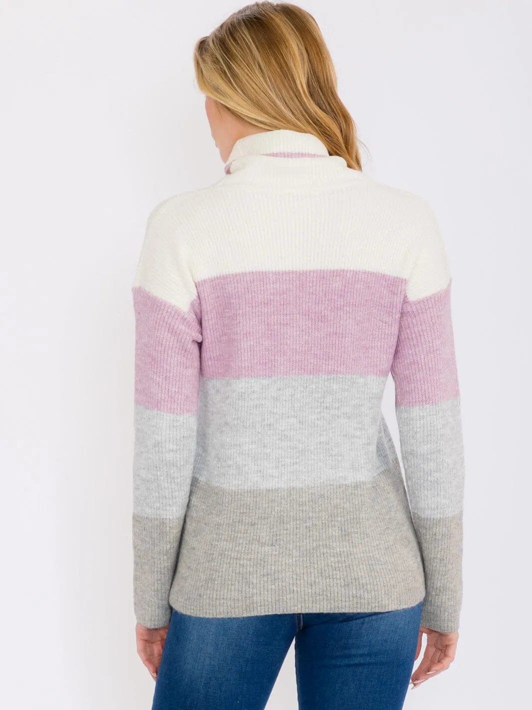 WOMEN'S LONG SLEEVES TURTLE NECK PULLOVER COLORBLOCK SWEATER