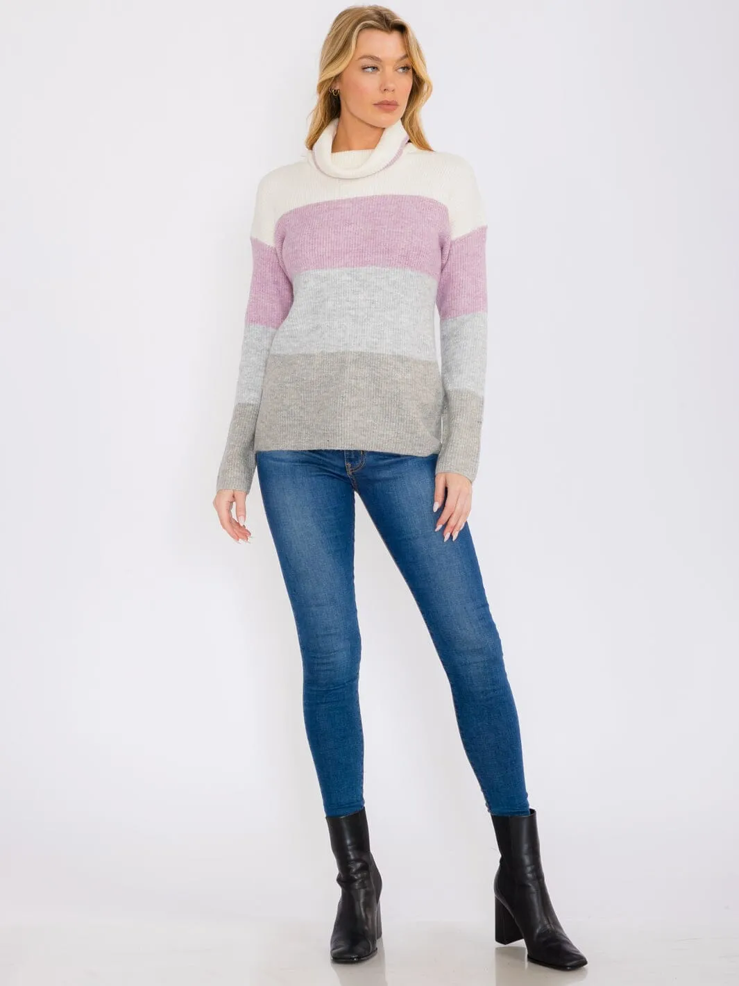 WOMEN'S LONG SLEEVES TURTLE NECK PULLOVER COLORBLOCK SWEATER