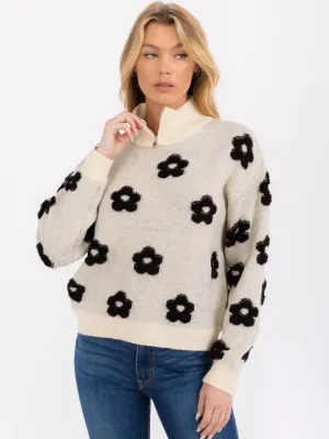 WOMEN'S LONG SLEEVES TURTLE NECK PULLOVER FLOWER PRINT SWEATER