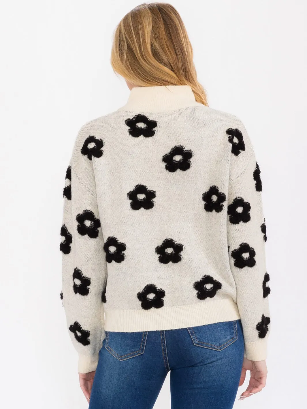 WOMEN'S LONG SLEEVES TURTLE NECK PULLOVER FLOWER PRINT SWEATER