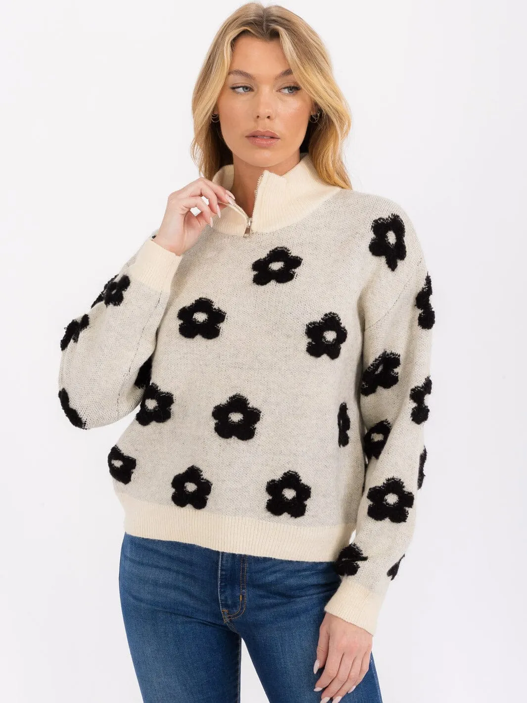 WOMEN'S LONG SLEEVES TURTLE NECK PULLOVER FLOWER PRINT SWEATER