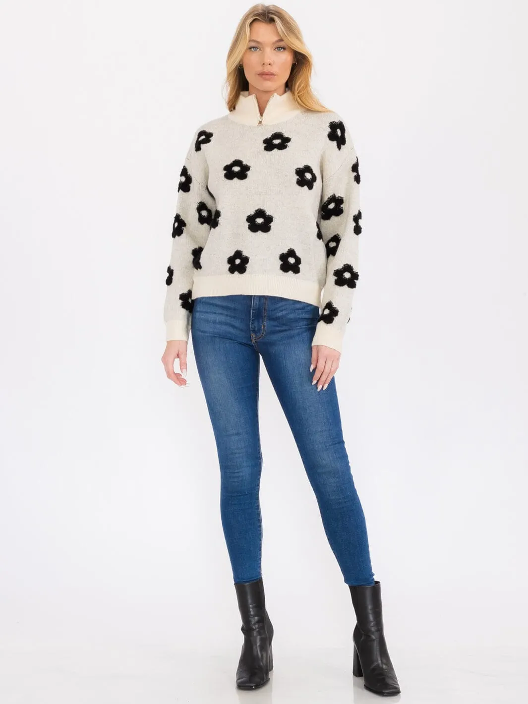 WOMEN'S LONG SLEEVES TURTLE NECK PULLOVER FLOWER PRINT SWEATER