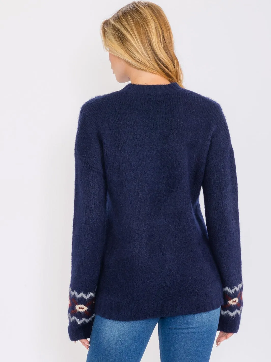 WOMEN'S LONG SLEEVES TURTLE NECK PULLOVER TRIM PRINT KNIT SWEATER