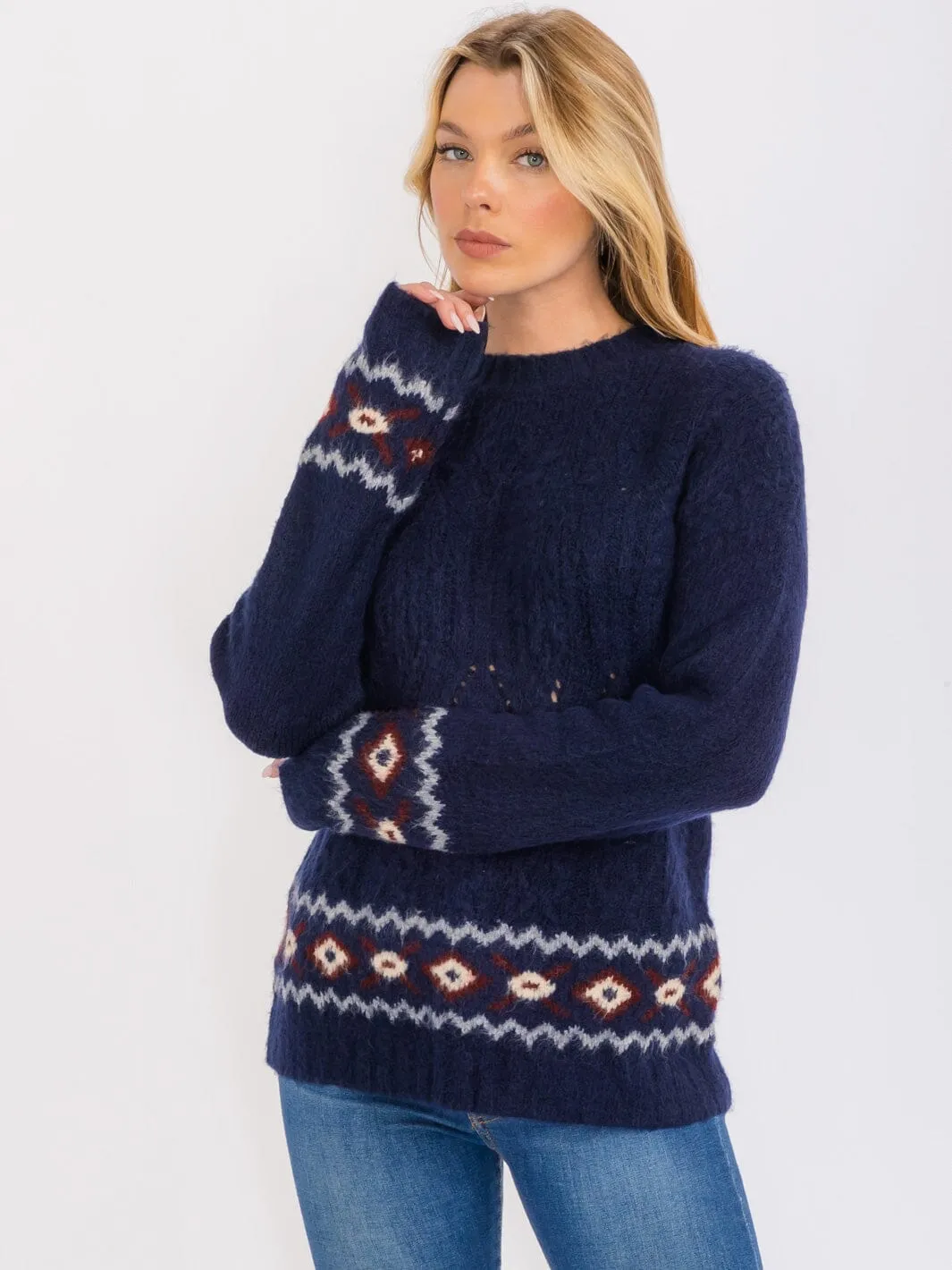 WOMEN'S LONG SLEEVES TURTLE NECK PULLOVER TRIM PRINT KNIT SWEATER