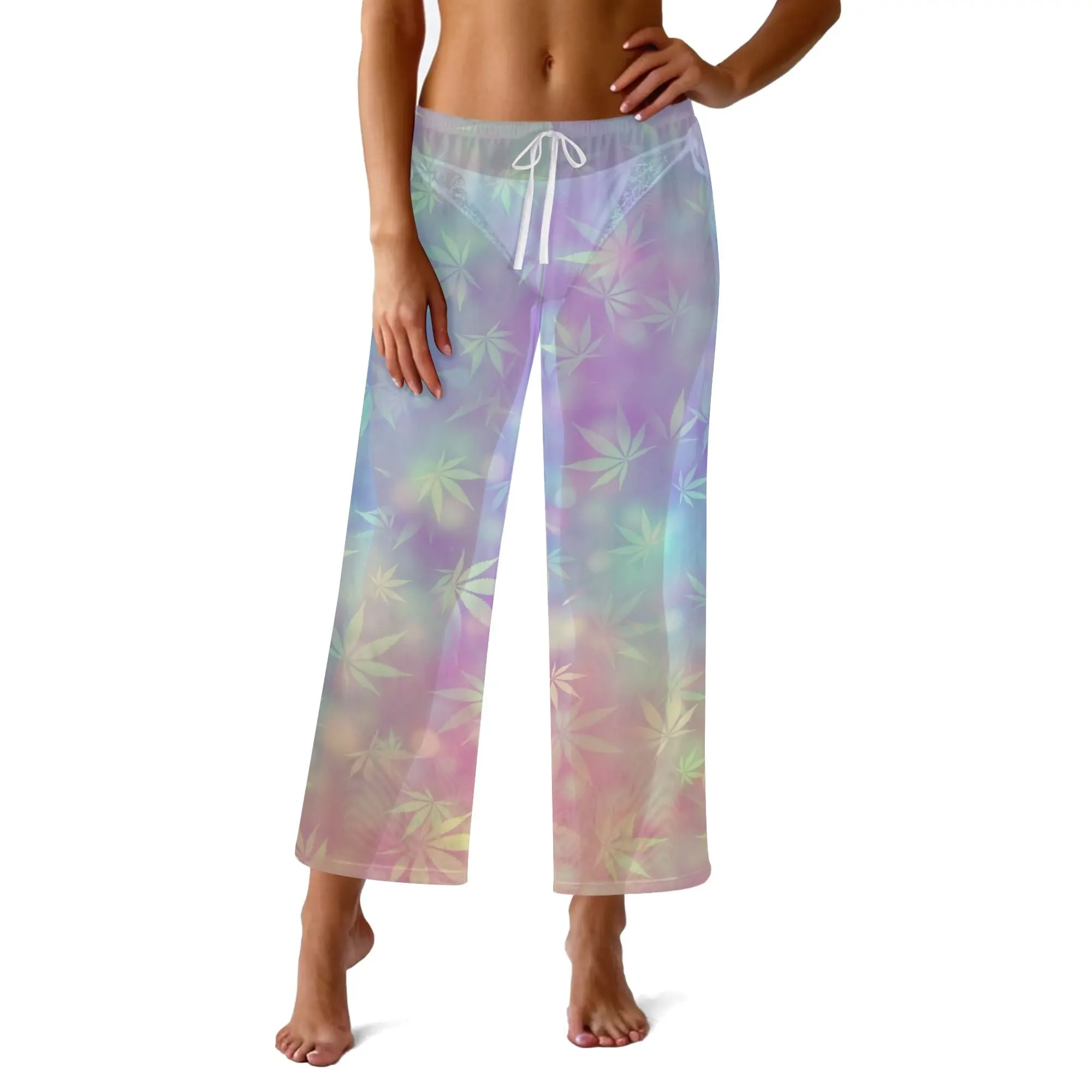 Womens Potleaf Pattern See Through Cover up Straight Leg Pants Swimsuit Bikini Bottom