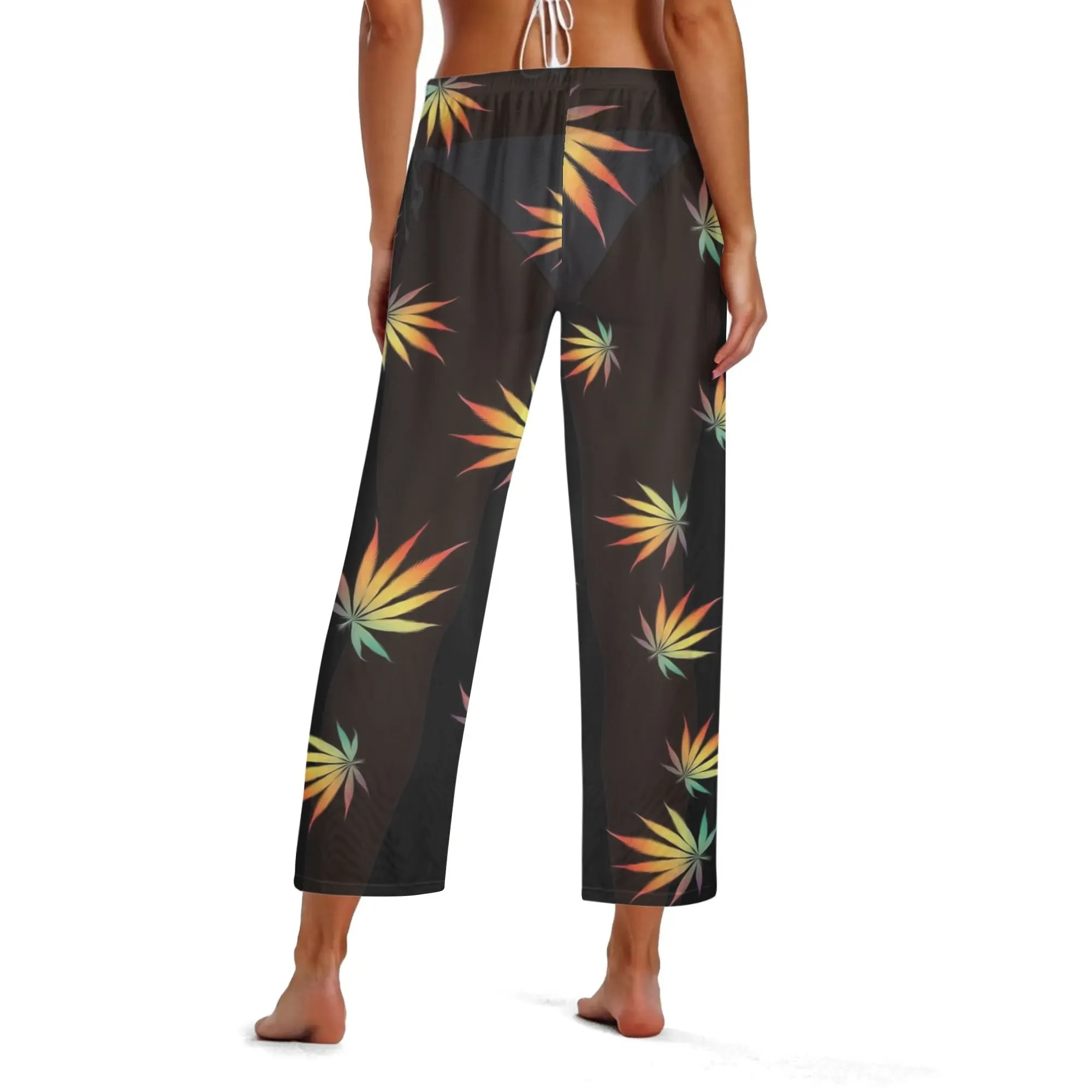 Womens Potleaf Pattern See Through Cover up Straight Leg Pants Swimsuit Bikini Bottom