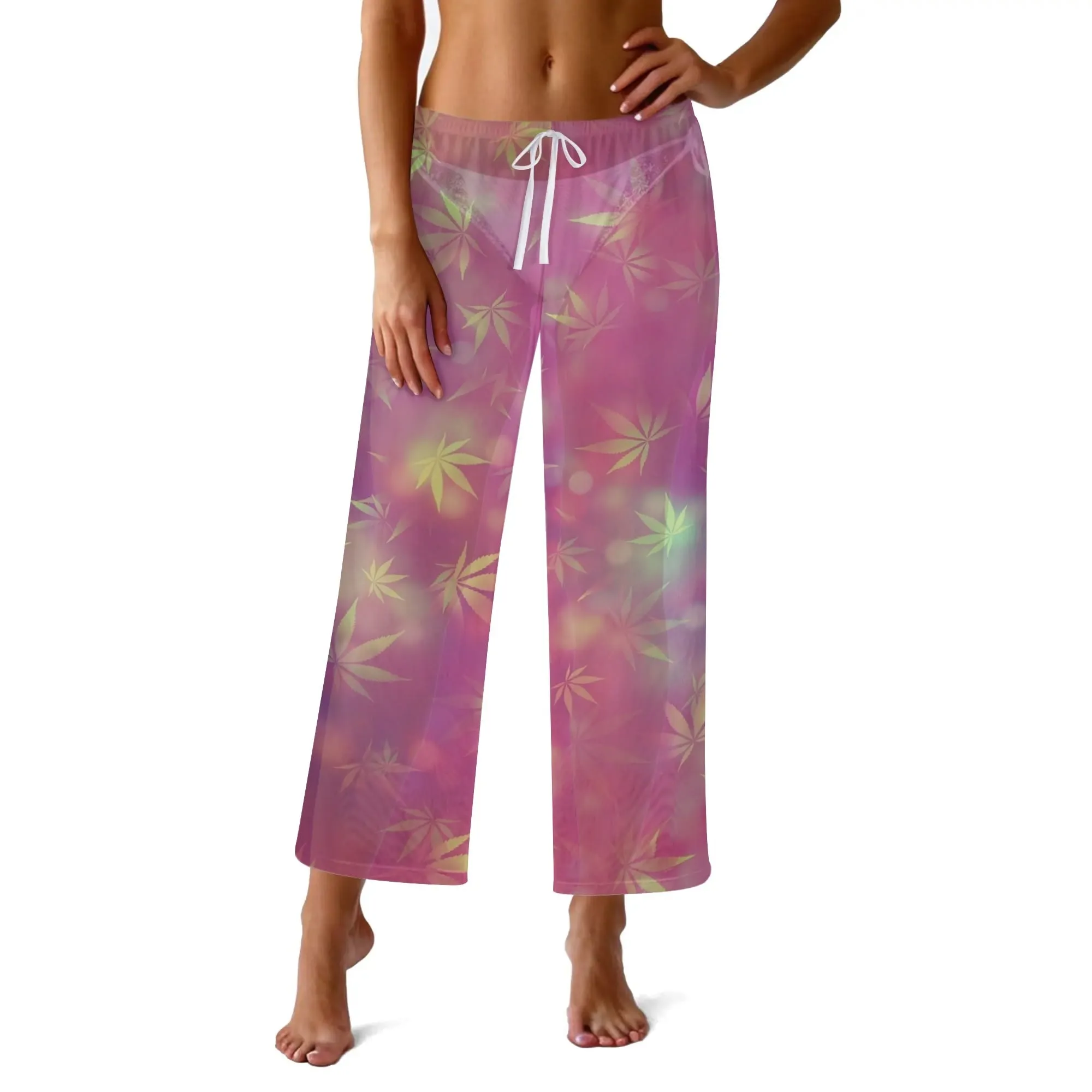 Womens Potleaf Pattern See Through Cover up Straight Leg Pants Swimsuit Bikini Bottom