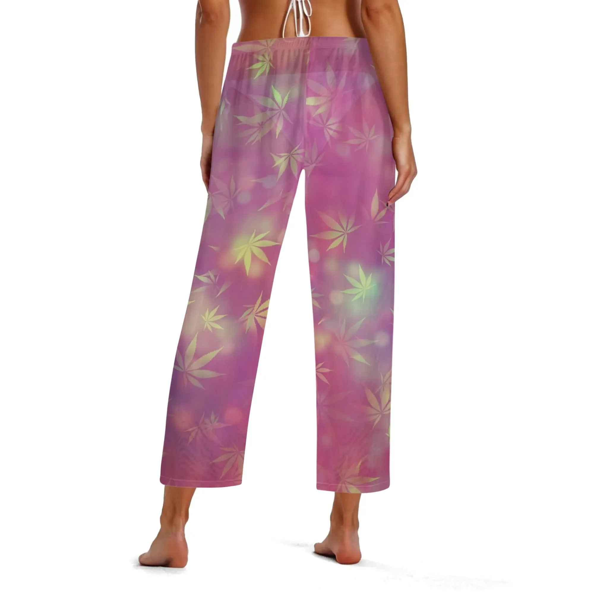 Womens Potleaf Pattern See Through Cover up Straight Leg Pants Swimsuit Bikini Bottom
