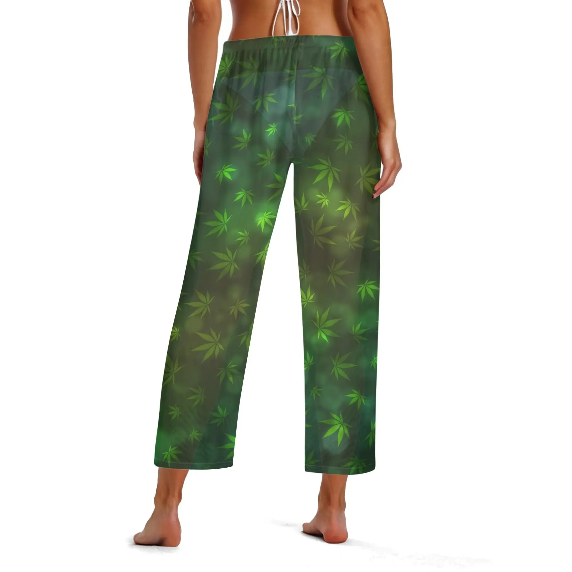 Womens Potleaf Pattern See Through Cover up Straight Leg Pants Swimsuit Bikini Bottom