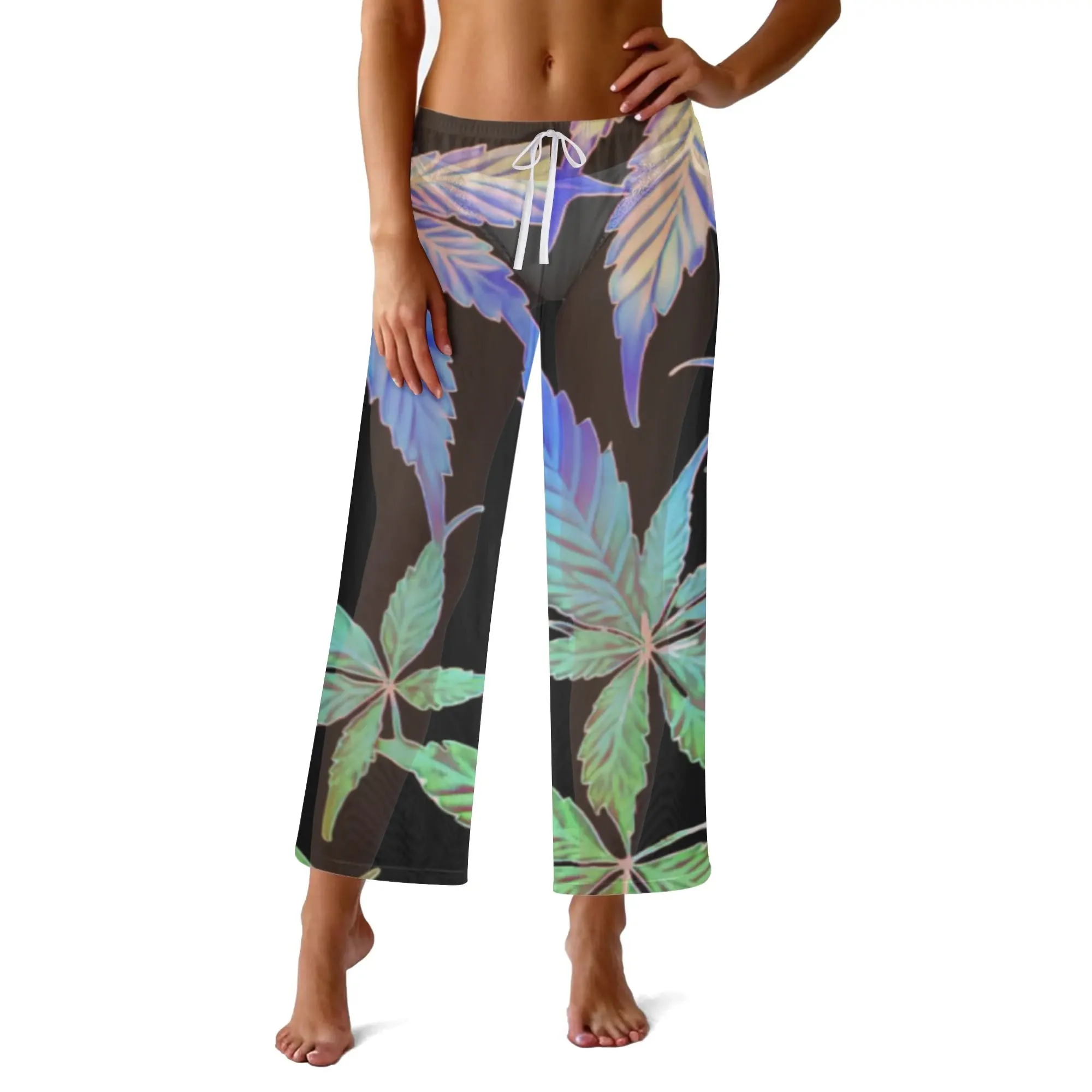 Womens Potleaf Pattern See Through Cover up Straight Leg Pants Swimsuit Bikini Bottom