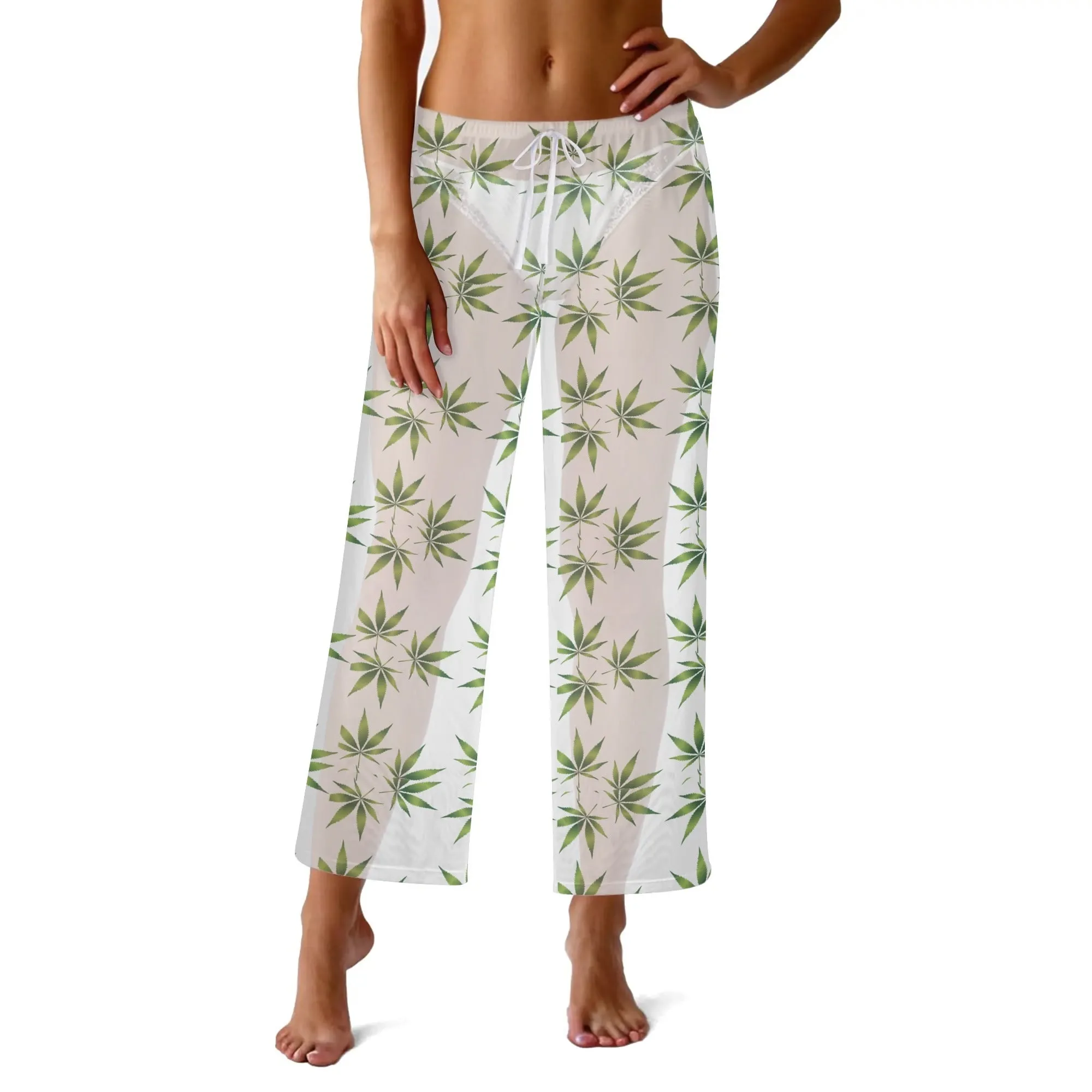 Womens Potleaf Pattern See Through Cover up Straight Leg Pants Swimsuit Bikini Bottom