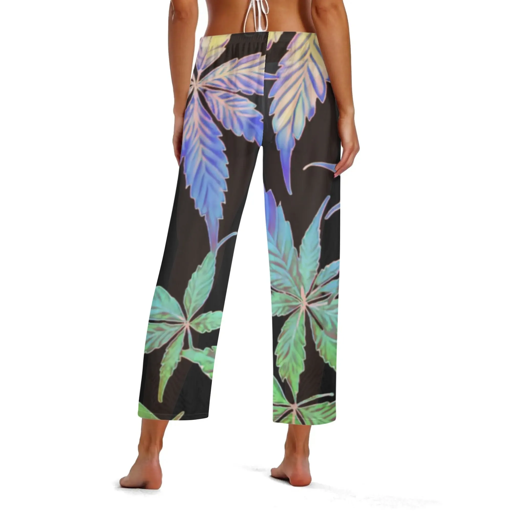 Womens Potleaf Pattern See Through Cover up Straight Leg Pants Swimsuit Bikini Bottom