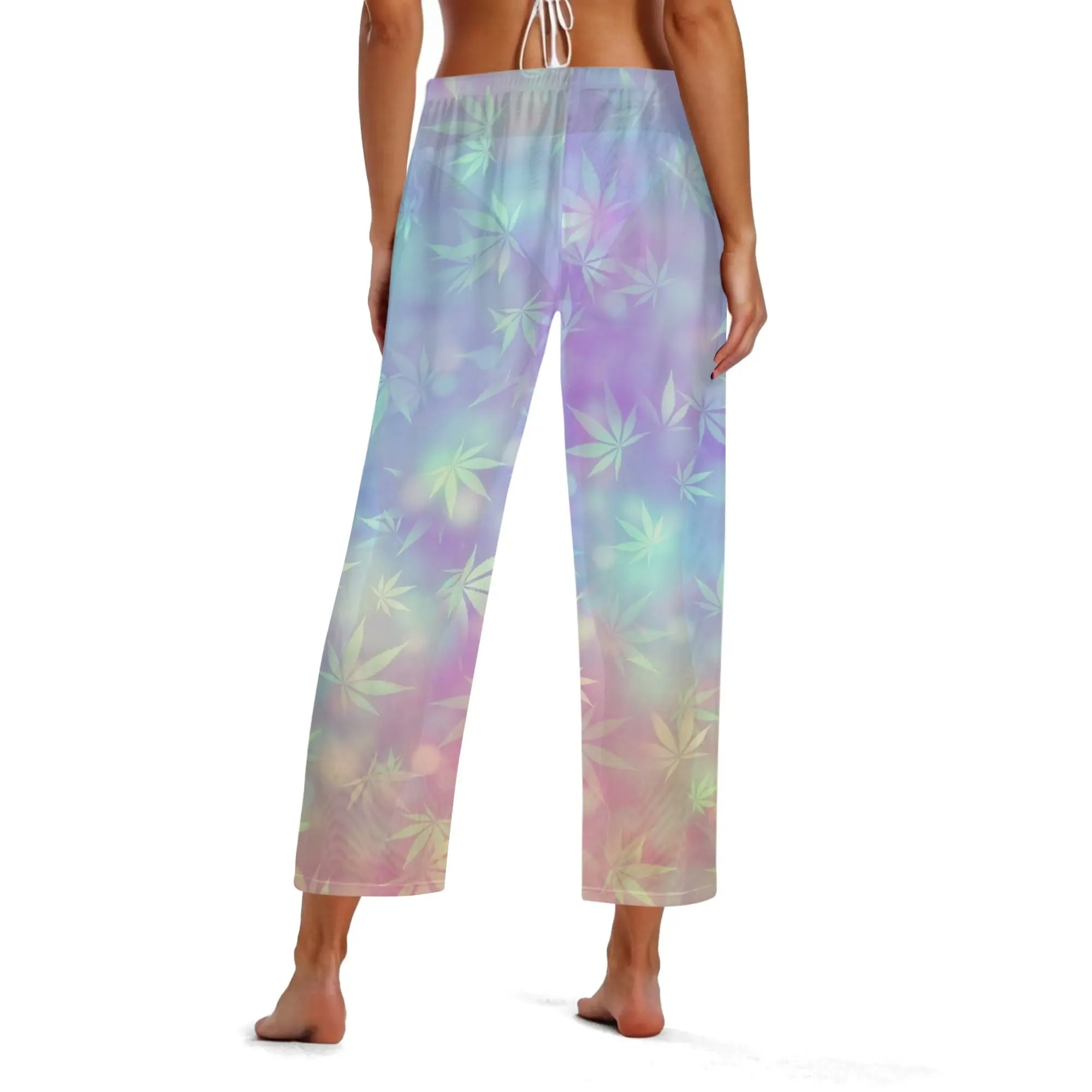 Womens Potleaf Pattern See Through Cover up Straight Leg Pants Swimsuit Bikini Bottom