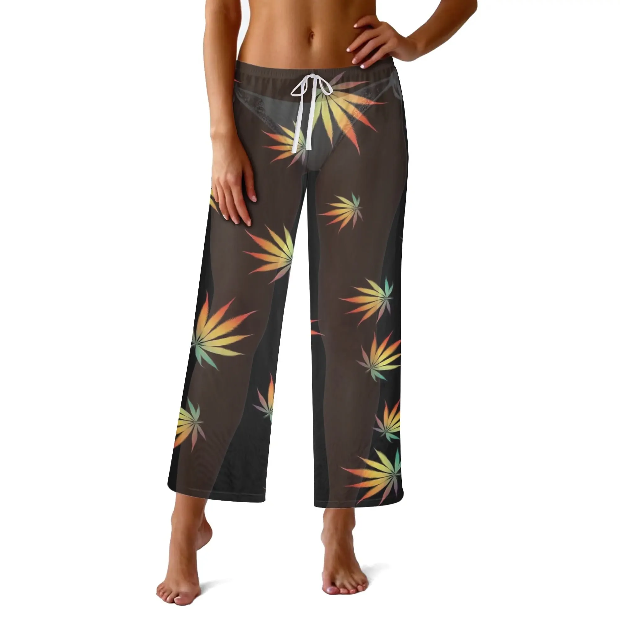 Womens Potleaf Pattern See Through Cover up Straight Leg Pants Swimsuit Bikini Bottom