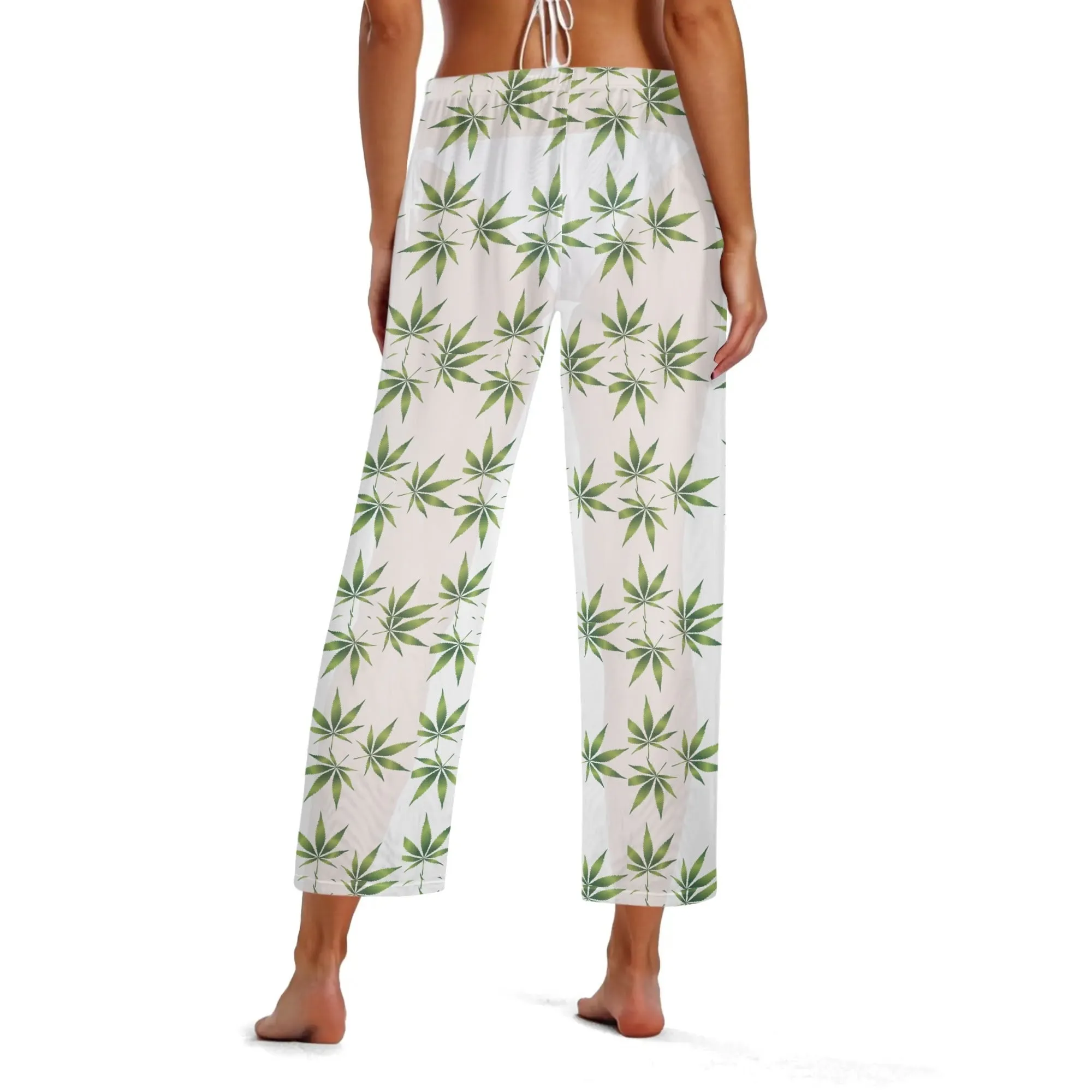 Womens Potleaf Pattern See Through Cover up Straight Leg Pants Swimsuit Bikini Bottom