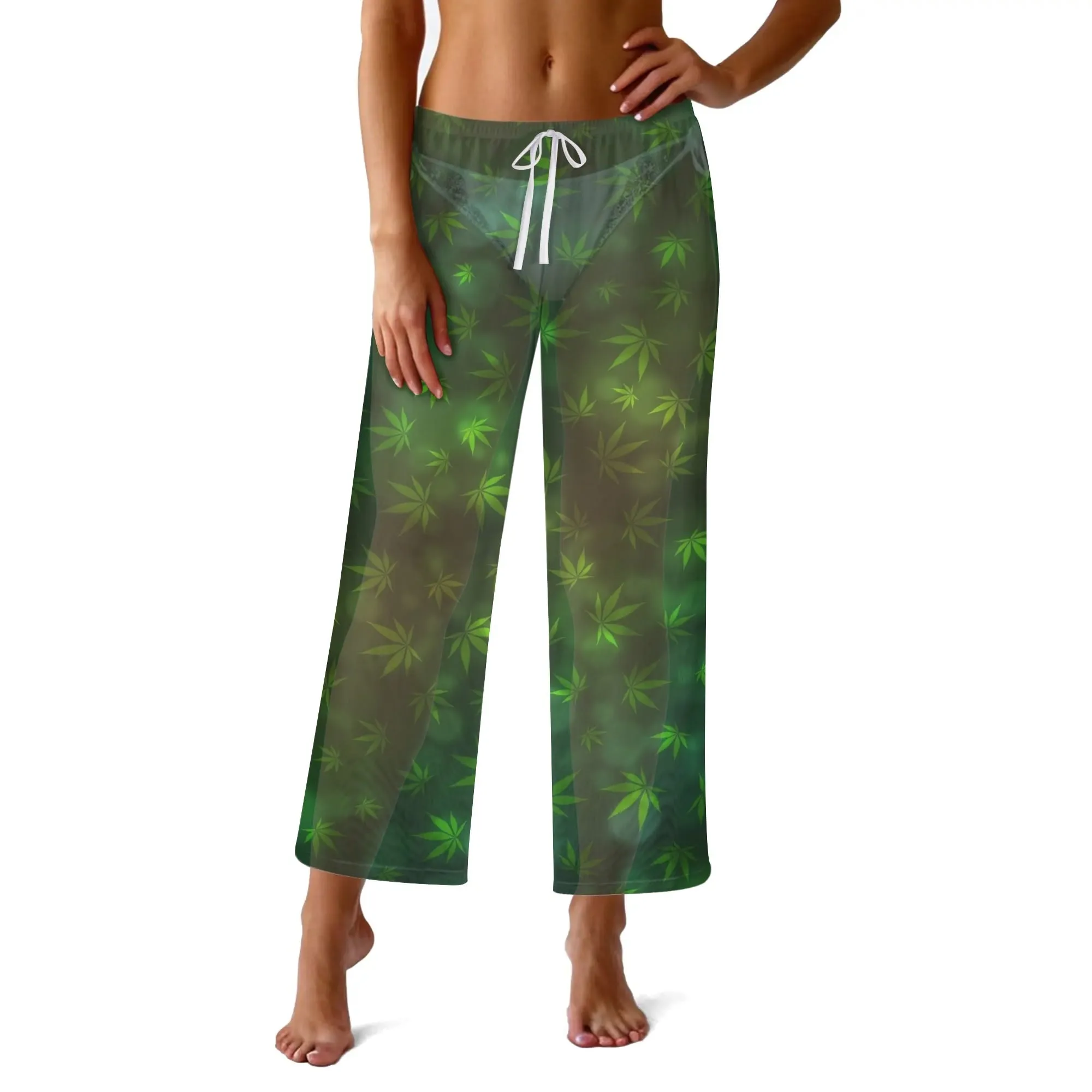 Womens Potleaf Pattern See Through Cover up Straight Leg Pants Swimsuit Bikini Bottom